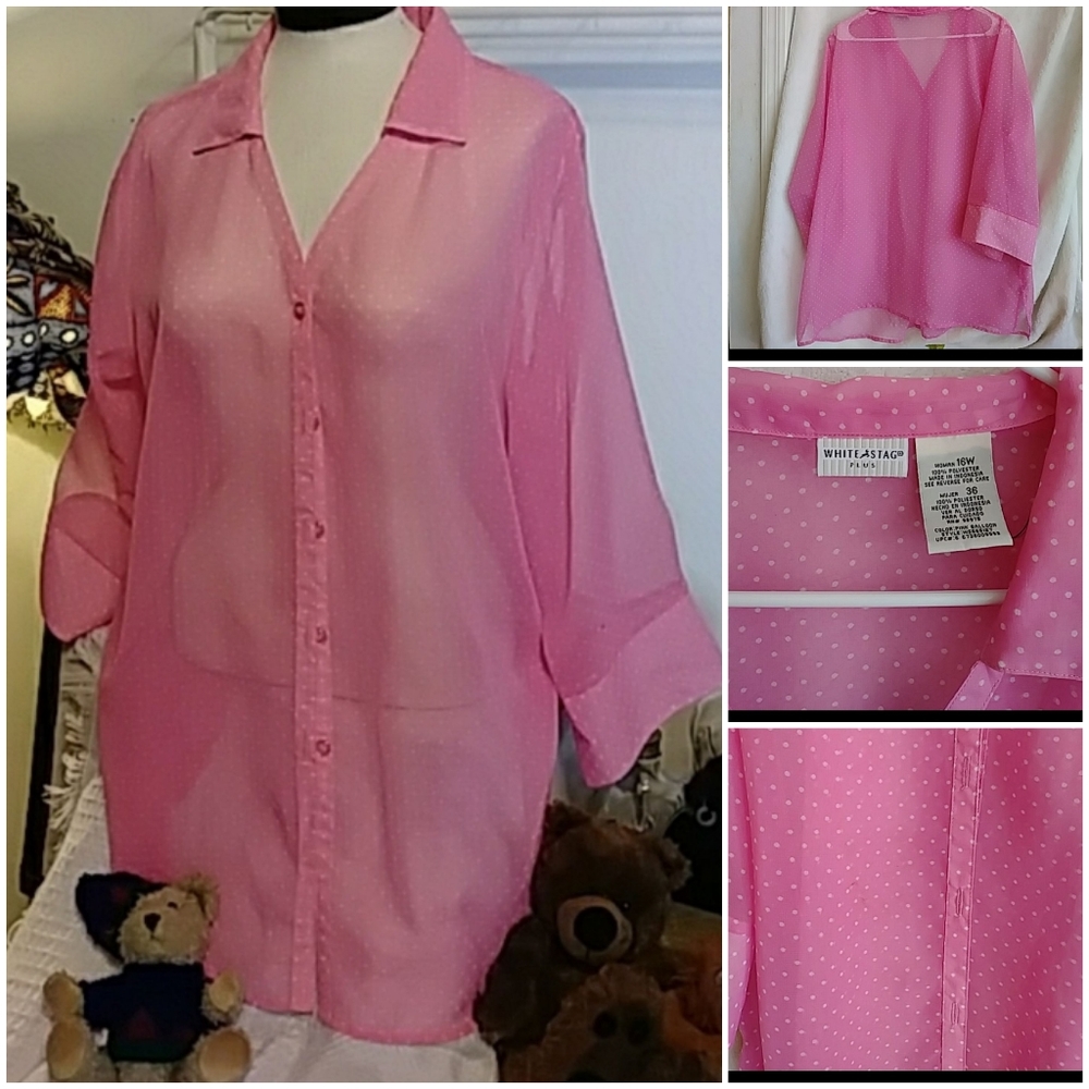 Womens Shirt Sheer button up Pink Blouse pokadots Plus sz 16 WHITE STAG